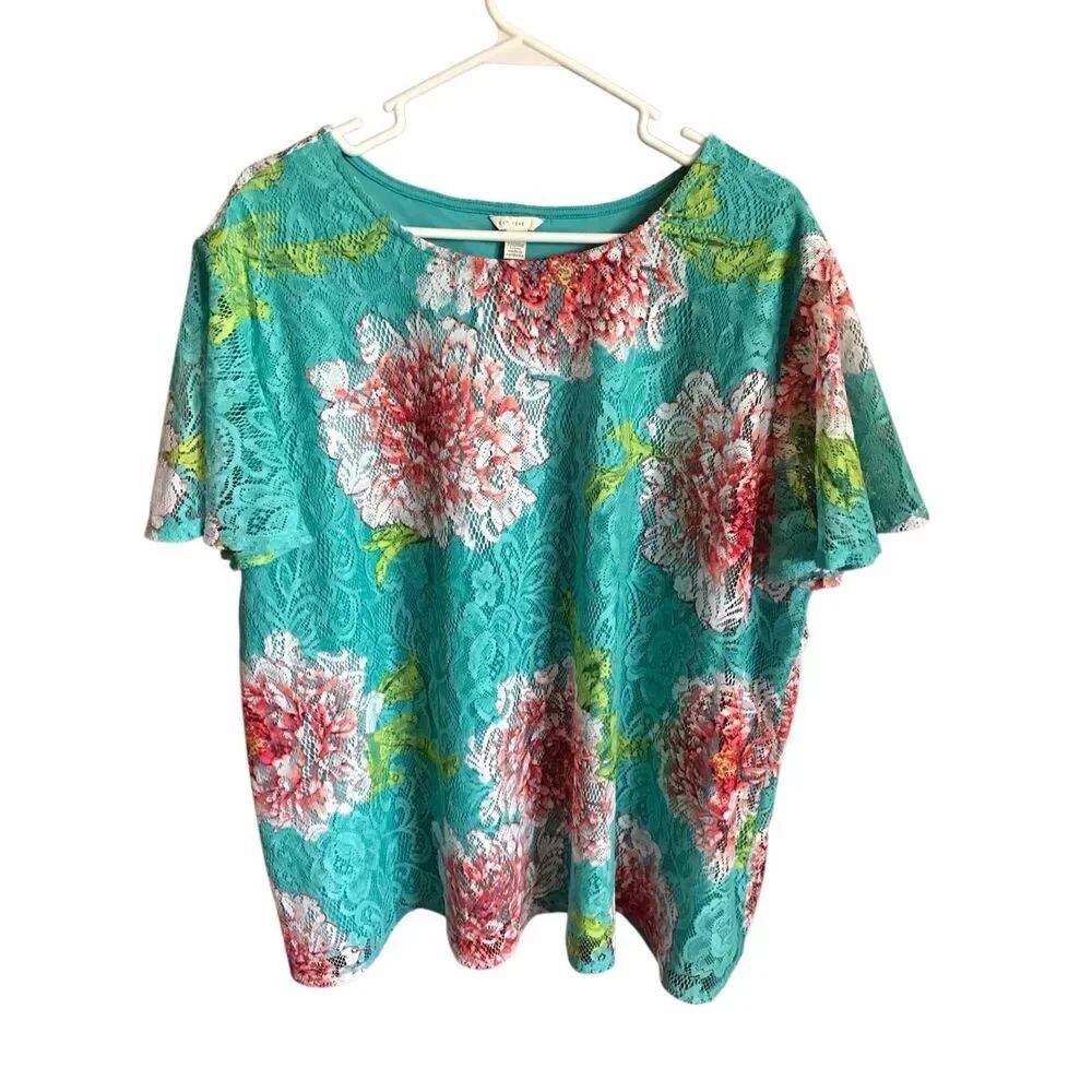 Cato plus size top blouse 22/24 aqua green floral lace short sleeve